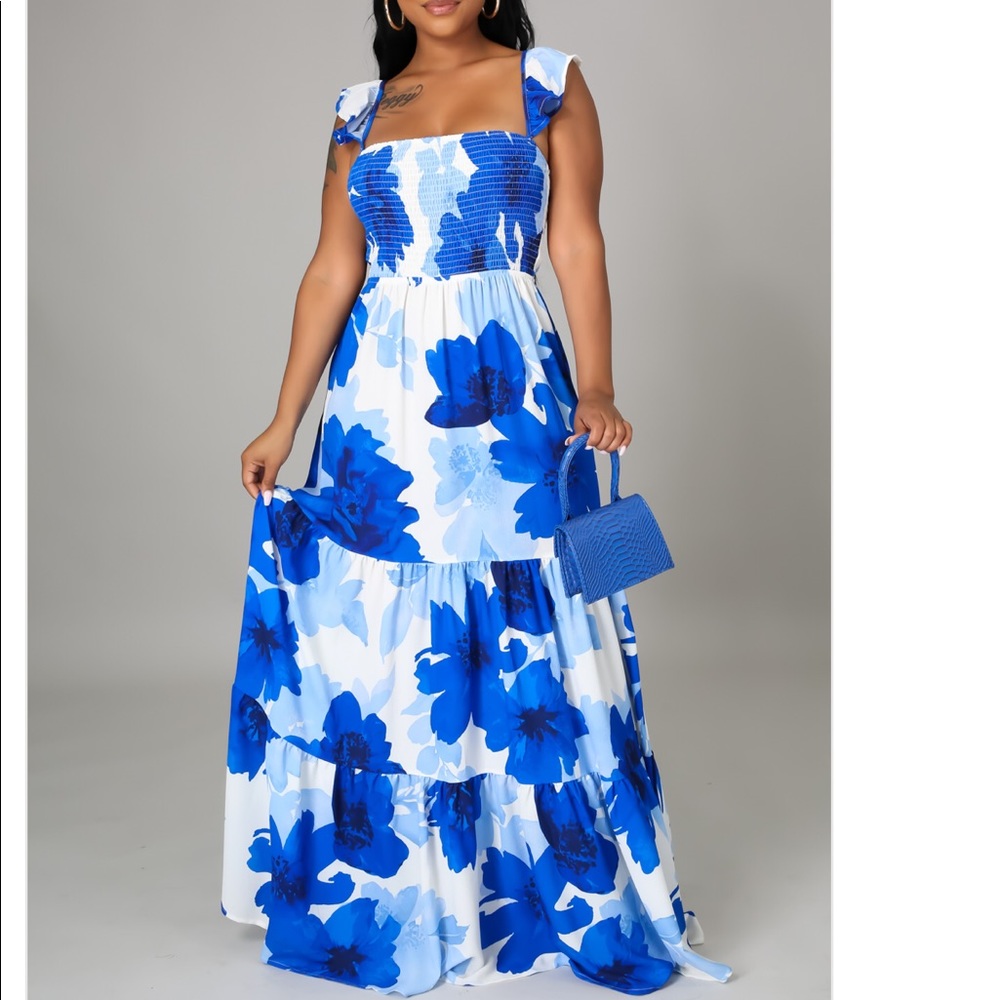 Blue Floral Maxi Dress with Smocked Bodice